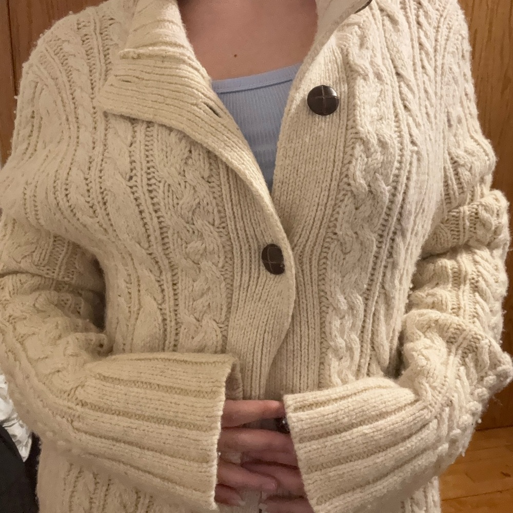 Duluth Trading Co Cream Cable Knit Wool Shawl-Collar Cardigan